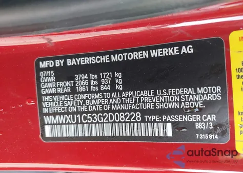 2016 Mini Hardtop Cooper z USA, uszkodzony, nr VIN WMWXU1C53G2D08228